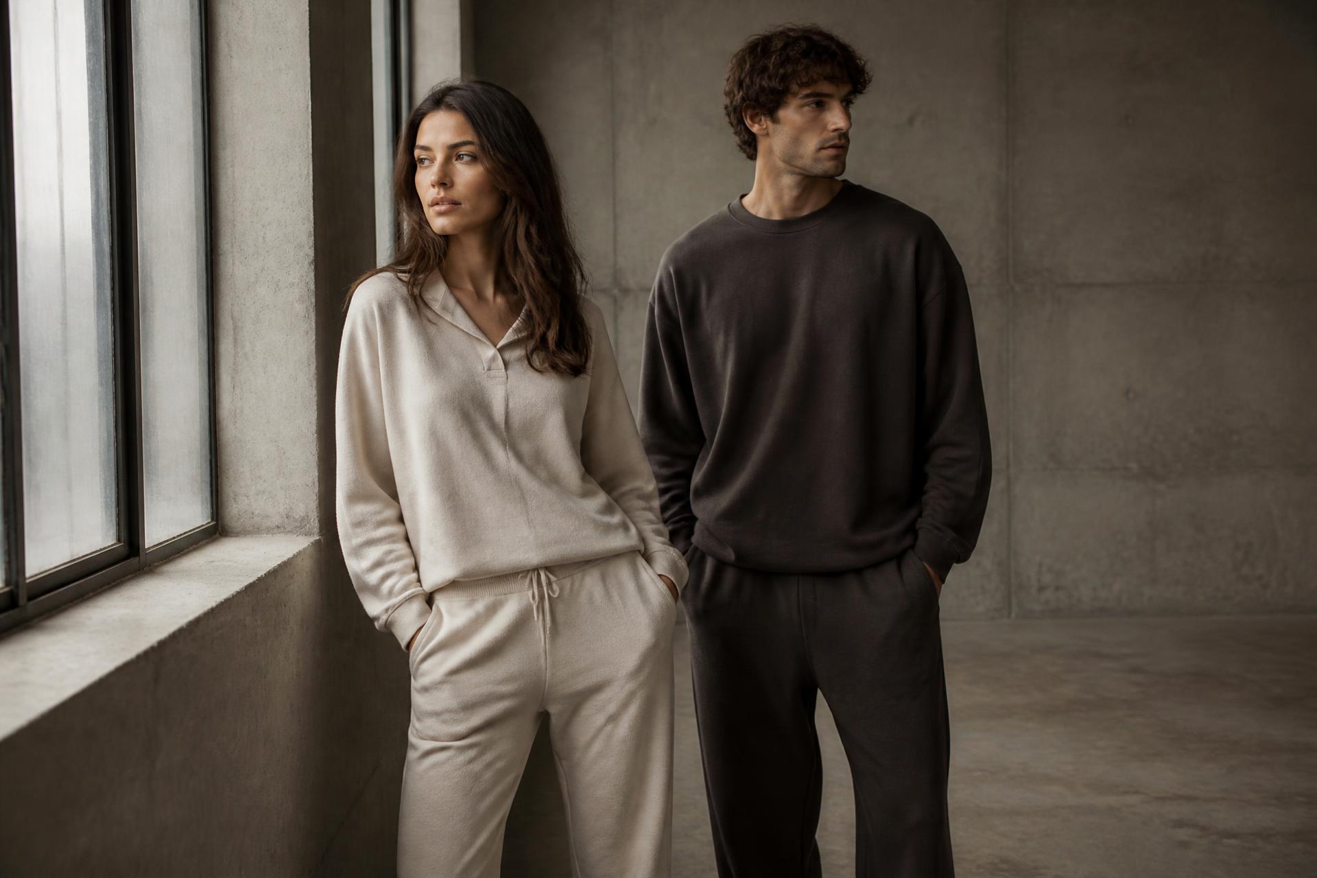 Two models wearing Aurel Voss oatmeal and charcoal loungewear in a concrete studio